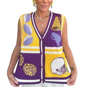 QUEEN OF SPARKLES Purple and Yellow V-Neck Sweater